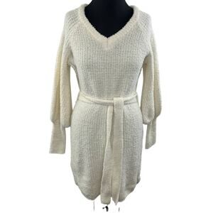 EMMA & POSH Off White Boucle Knit VNeck Balloon Sleeve Tie Waist Sweater Dress M